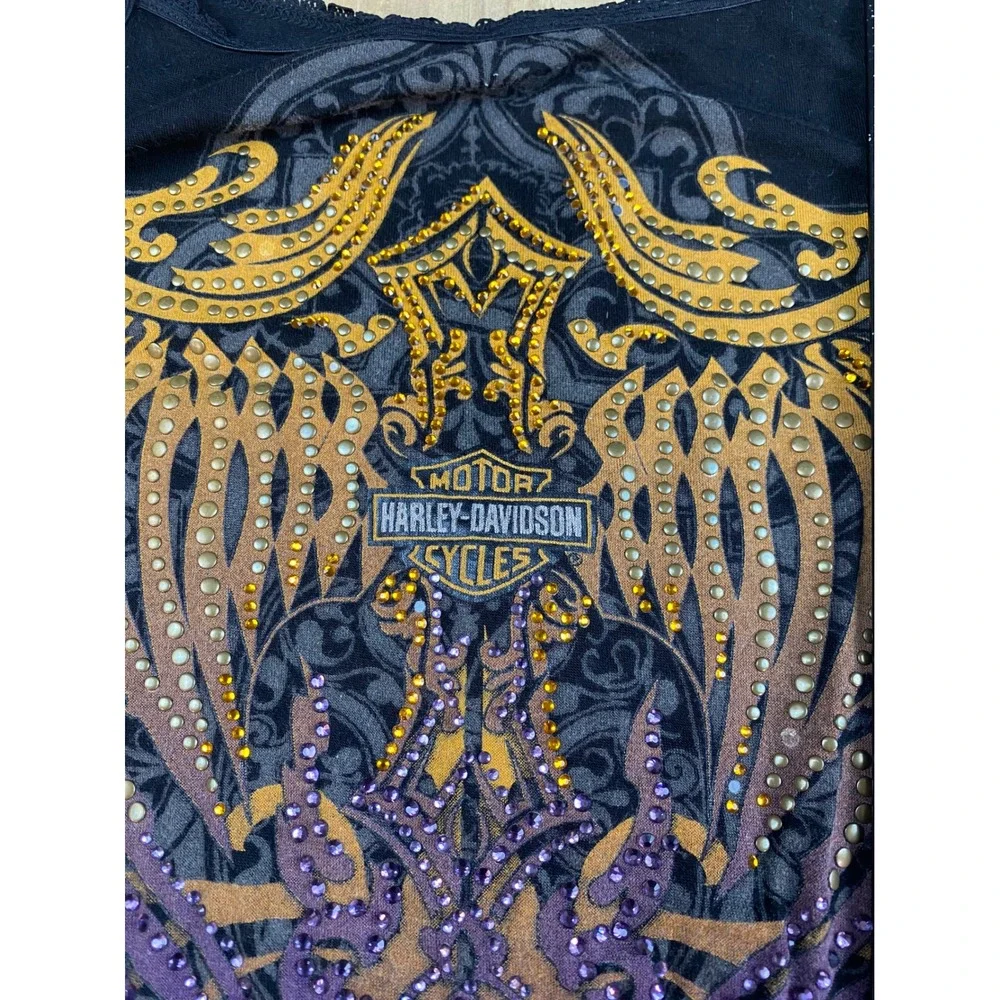 Harley-Davidson Womens Embellished Graphic Tank Top Black Lace Trim Studded XL - Picture 3 of 5